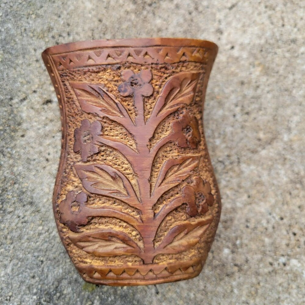 Tree of Life Vase Yugoslavian Folk Art Hand-Carved Walnut Vase 4 Inches Tall